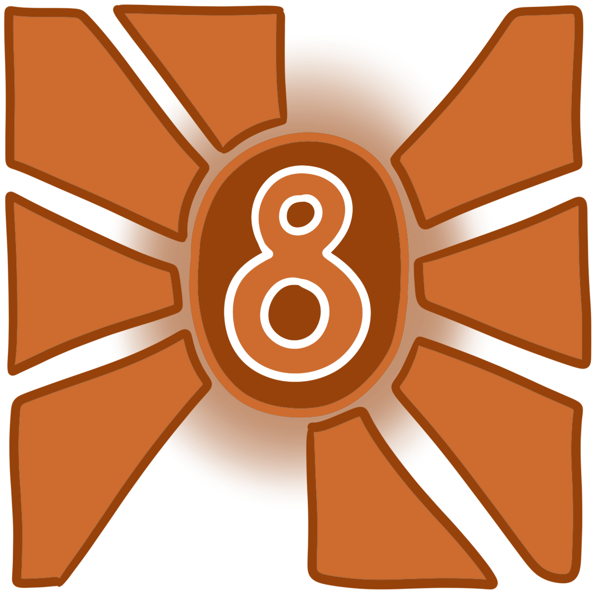 A glowing dark orange oval with an 8 in the center and eight dark orange rays coming off it.